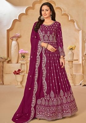 Purple Embroidered Georgette Anarkali Gown Set
