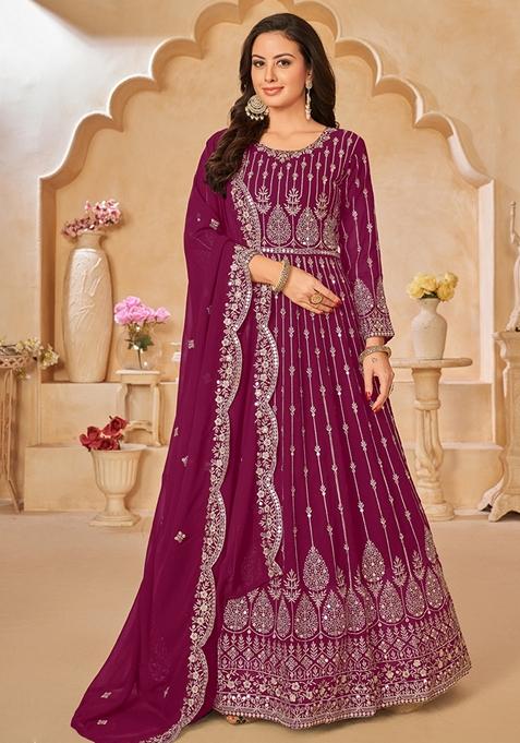 Purple Embroidered Georgette Anarkali Gown Set