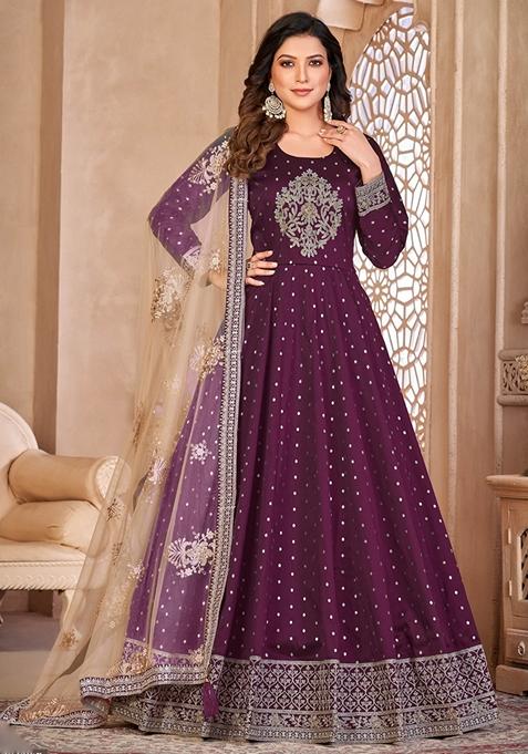 Violet Embroidered Silk Anarkali Gown Set