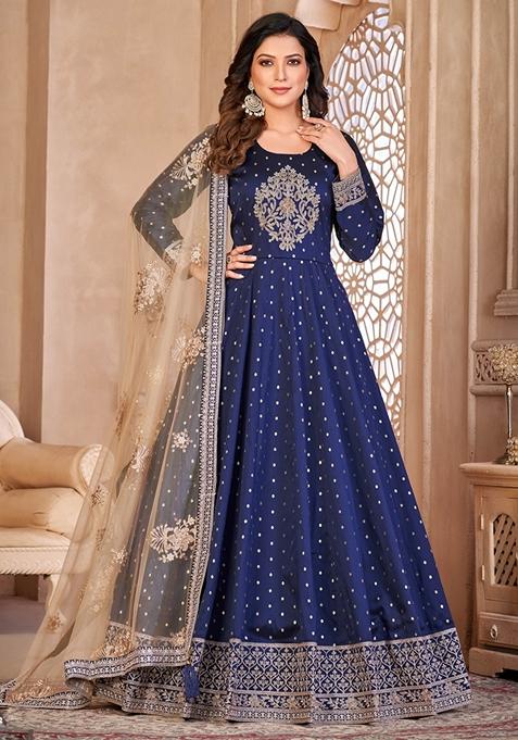 Navy Blue Embroidered Silk Anarkali Gown Set