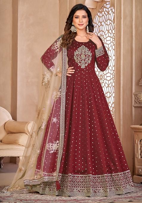 Maroon Embroidered Silk Anarkali Gown Set