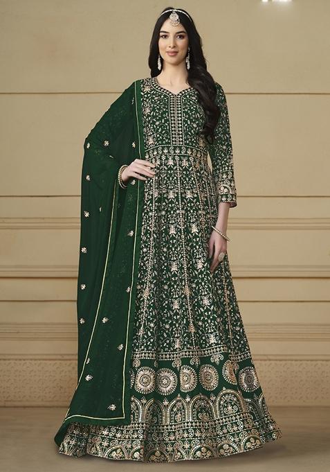 Green Embroidered Georgette Anarkali Gown Set