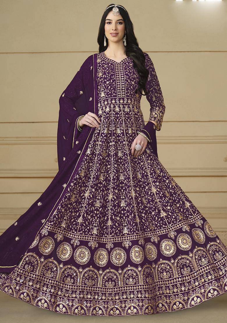 Violet Embroidered Georgette Anarkali Gown Set