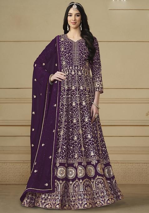 Violet Embroidered Georgette Anarkali Gown Set