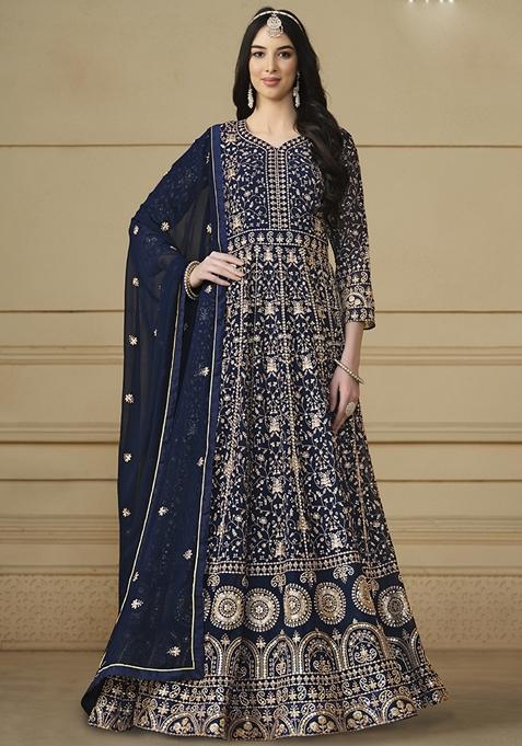 Navy Blue Embroidered Georgette Anarkali Gown Set