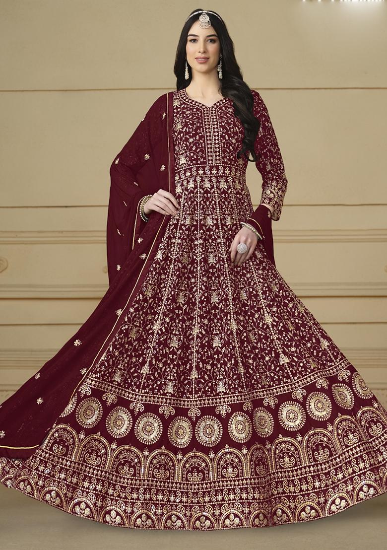 Maroon Embroidered Georgette Anarkali Gown Set