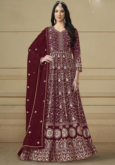 Maroon Embroidered Georgette Anarkali Gown Set