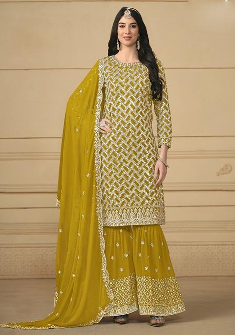 Yellow Embroidered Georgette Kurta Set