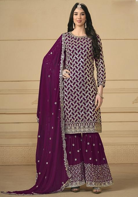 Violet Embroidered Georgette Kurta Set