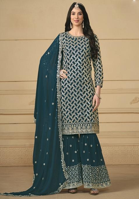 Teal Embroidered Georgette Kurta Set