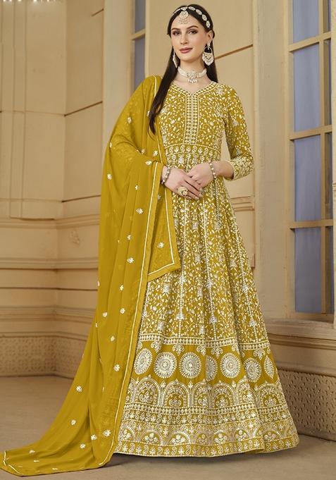 Yellow Embroidered Georgette Anarkali Gown Set