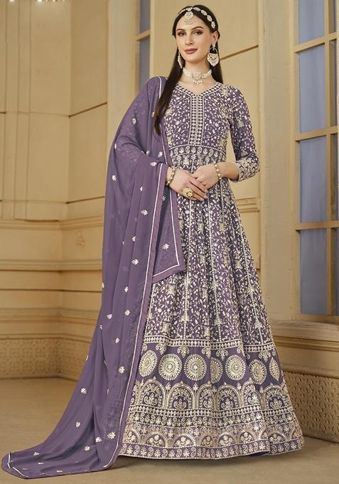 Lavender Embroidered Georgette Anarkali Gown Set