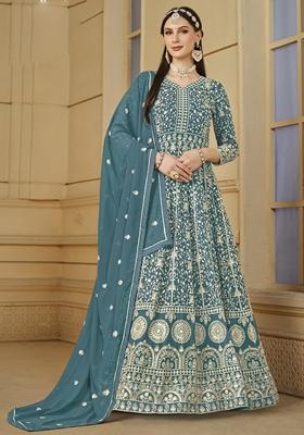 Grey Embroidered Georgette Anarkali Gown Set