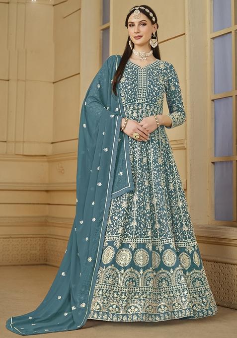 Grey Embroidered Georgette Anarkali Gown Set