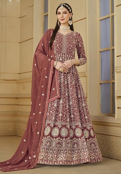 Peach Embroidered Georgette Anarkali Gown Set