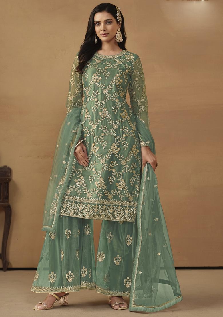 Green Embroidered Net Kurta Set