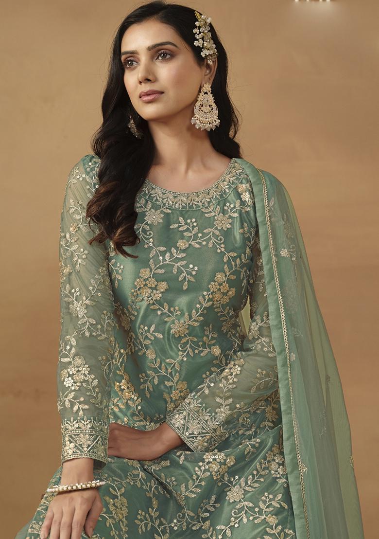 Green Embroidered Net Kurta Set
