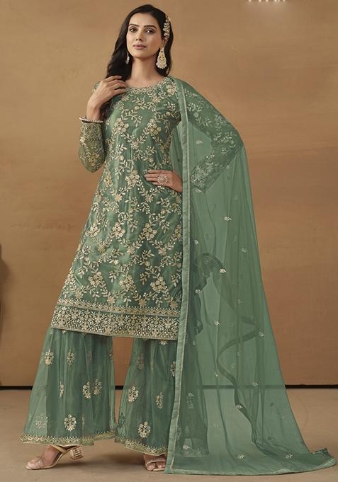 Green Embroidered Net Kurta Set