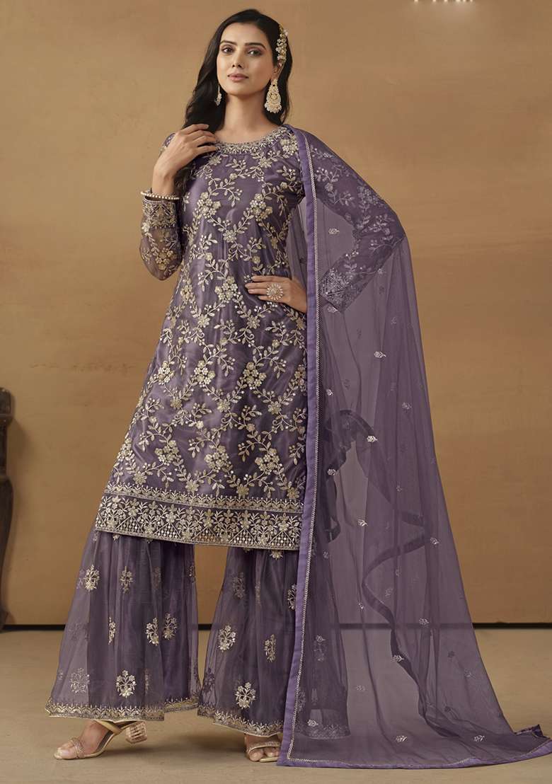 Purple Embroidered Net Sharara Set - Indya