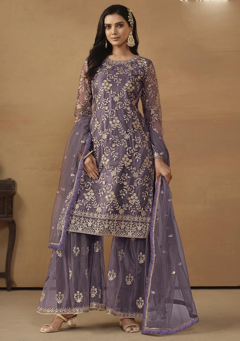 Purple Embroidered Net Kurta Set