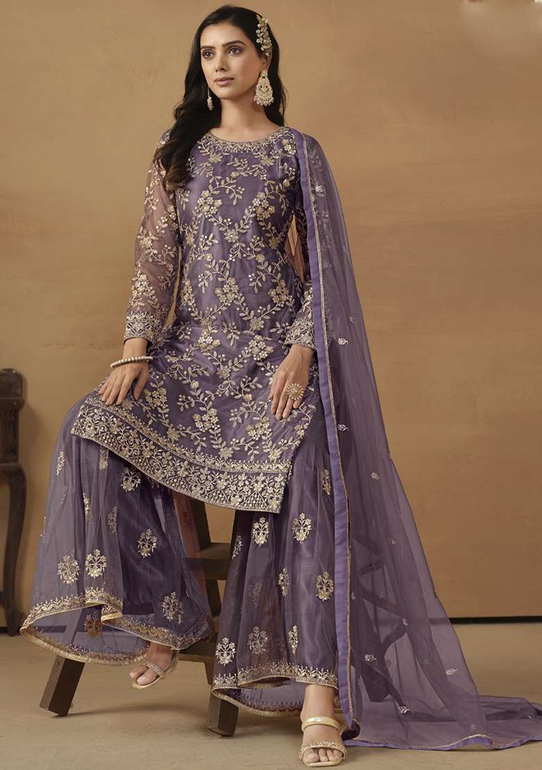 Purple Embroidered Net Sharara Set - Indya