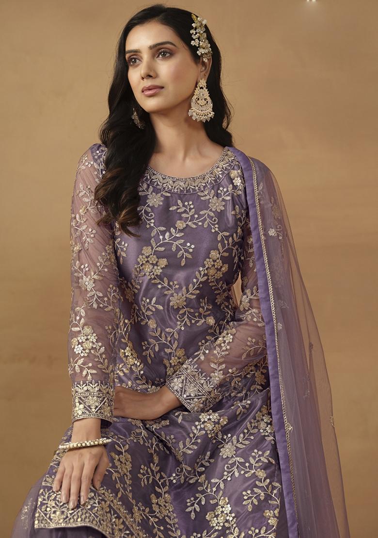 Purple Embroidered Net Kurta Set