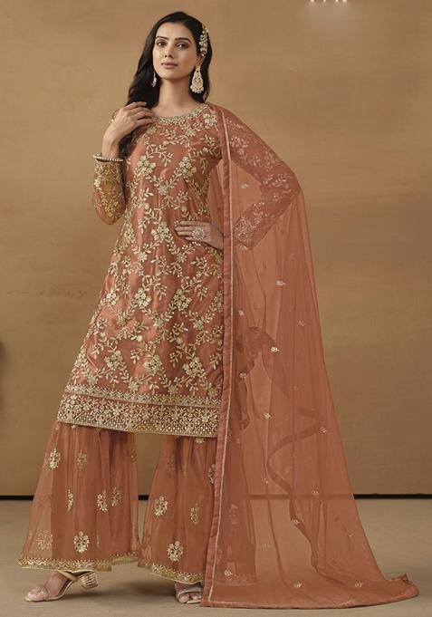 Orange Embroidered Net Kurta Set