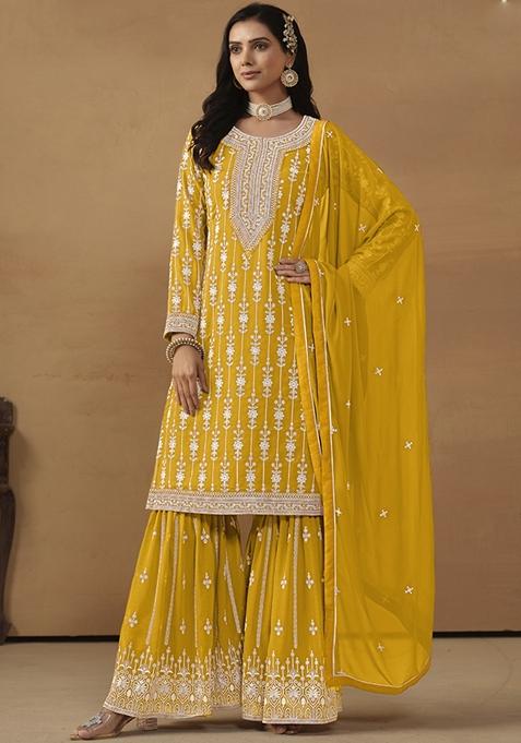 Yellow Embroidered Georgette Kurta Set