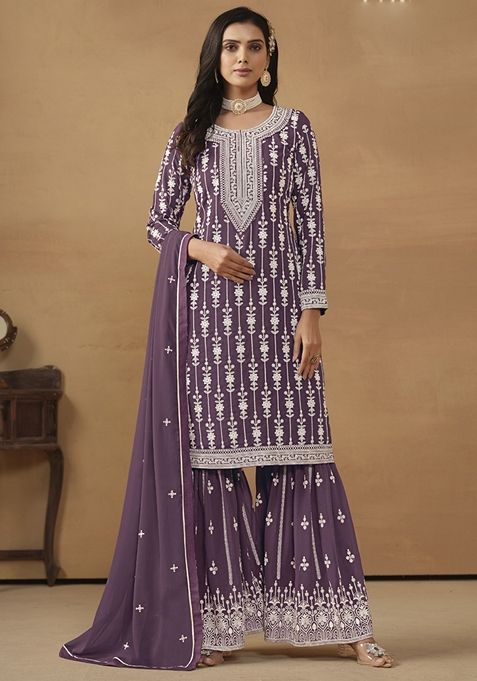 Purple Embroidered Georgette Kurta Set