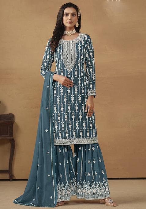 Grey Embroidered Georgette Kurta Set