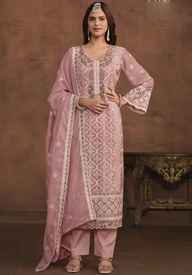Peach Embroidered Organza Kurta Set