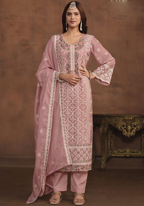 Peach Embroidered Organza Kurta Set