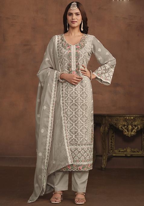 Beige Embroidered Organza Kurta Set