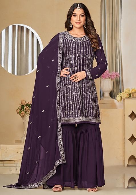 Violet Embroidered Georgette Kurta Set