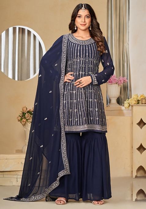 Navy Blue Embroidered Georgette Kurta Set