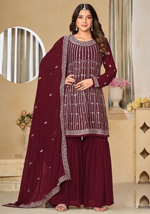 Maroon Embroidered Georgette Kurta Set