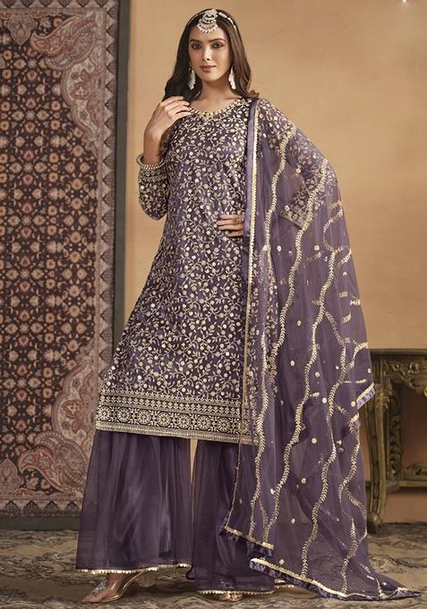 Violet Embroidered Net Kurta Set