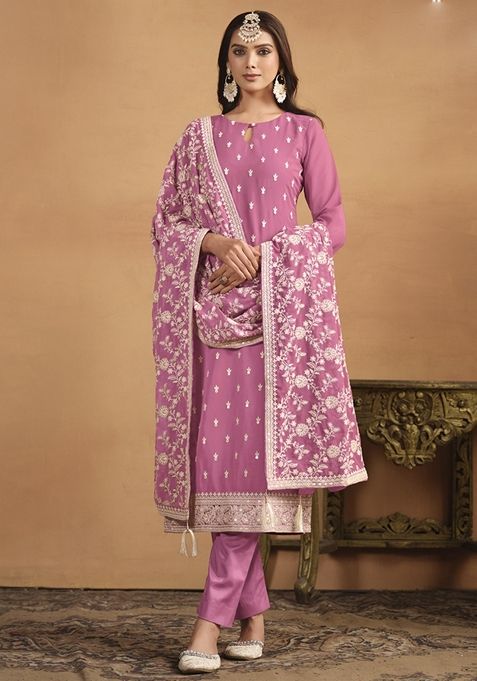 Pink Embroidered Georgette Kurta Set