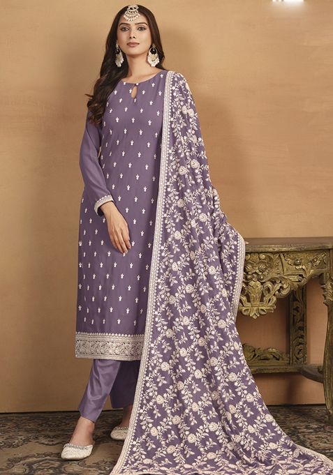 Purple Embroidered Georgette Kurta Set