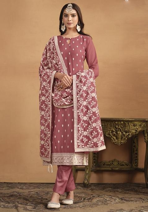 Peach Embroidered Georgette Kurta Set