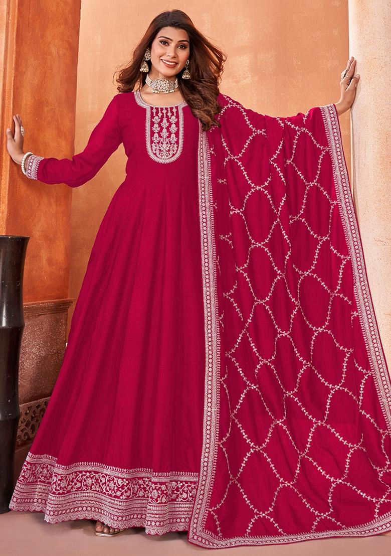 Red Embroidered Silk Anarkali Gown Set