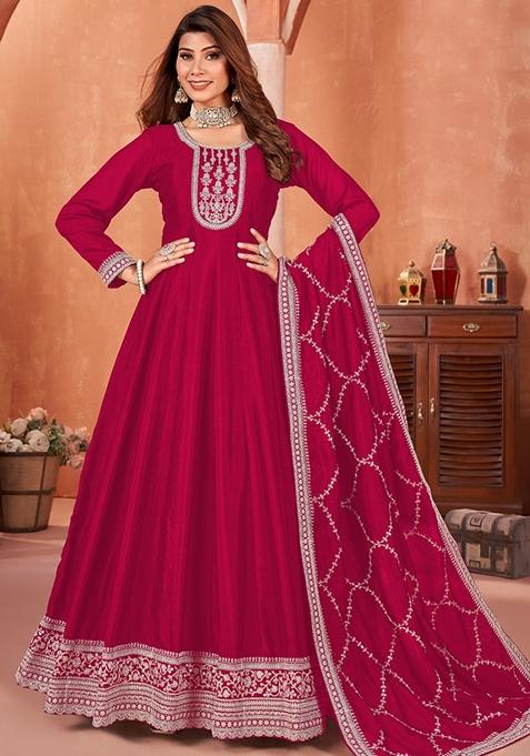 Red Embroidered Silk Anarkali Gown Set