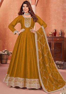Mustard Embroidered Silk Anarkali Gown Set