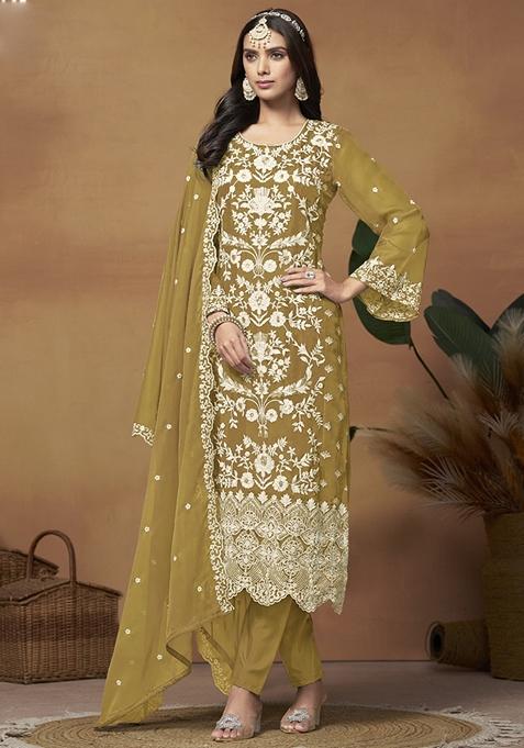 Mustard Embroidered Organza Kurta Set