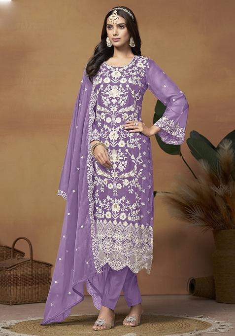 Lavender Embroidered Organza Kurta Set