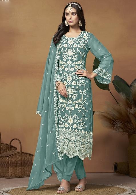 Grey Embroidered Organza Kurta Set