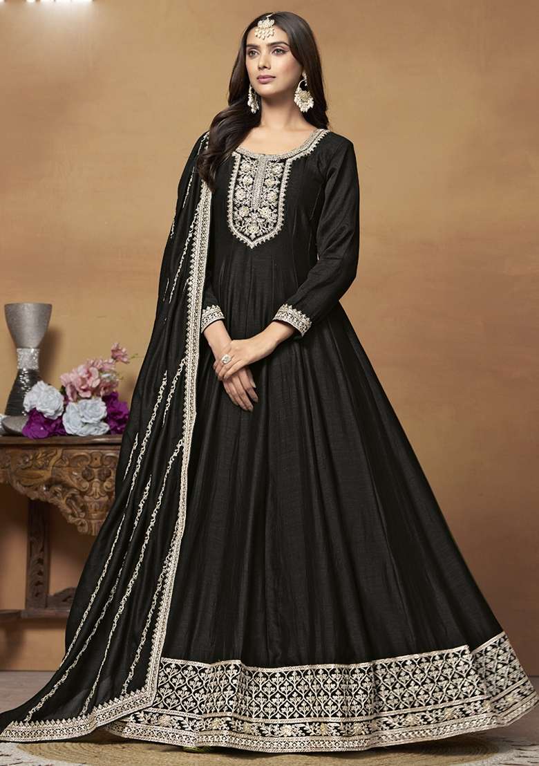 Black Embroidered Silk Blend Anarkali Gown Set - Indya