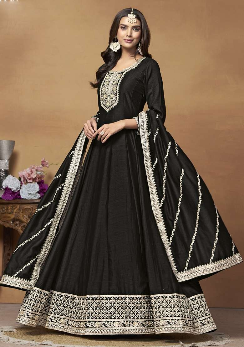 Black Embroidered Silk Blend Anarkali Gown Set - Indya