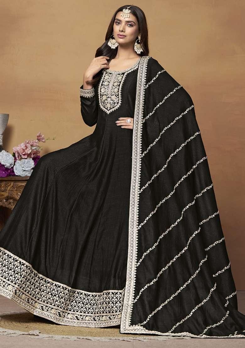 Black Embroidered Silk Blend Anarkali Gown Set - Indya