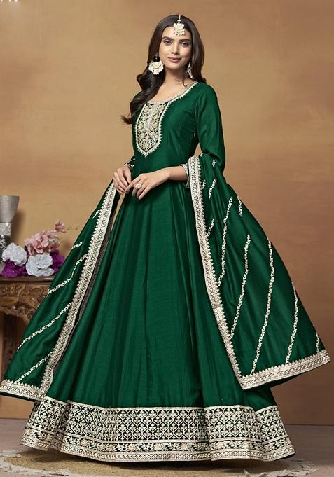 Green Embroidered Silk Anarkali Gown Set